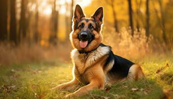 Deutsche Schäfer Hund Verlegung im das Gras beim Sonnenuntergang ai generiert foto