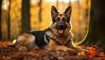 Deutsche Schäfer Hund Verlegung im das Gras beim Sonnenuntergang ai generiert foto