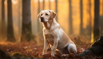 ein Gelb Labor Hund Verlegung im das Gras ai generiert foto