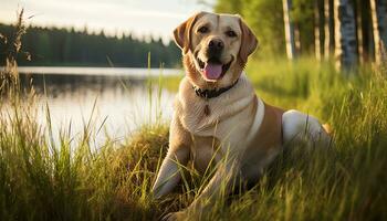 ein Gelb Labor Hund Verlegung im das Gras ai generiert foto