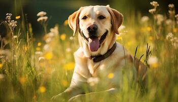 ein Gelb Labor Hund Verlegung im das Gras ai generiert foto