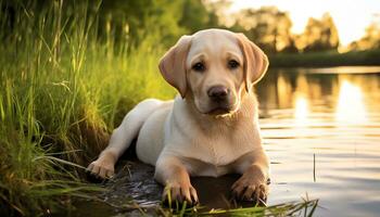 ein Gelb Labor Hund Verlegung im das Gras ai generiert foto