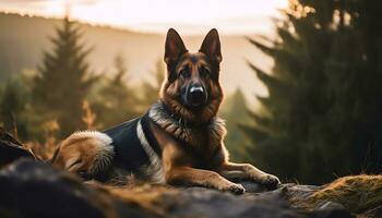 ein Hund ist Sitzung im das Gras beim Sonnenuntergang ai generiert foto