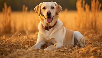 ein Gelb Labor Hund Verlegung im das Gras ai generiert foto