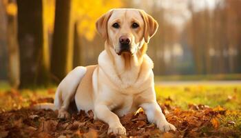 ein Gelb Labor Hund Verlegung im das Gras ai generiert foto