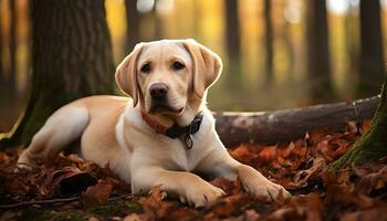 ein Gelb Labor Hund Verlegung im das Gras ai generiert foto