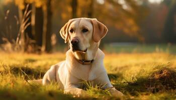 ein Hund ist Sitzung im das Gras beim Sonnenuntergang ai generiert foto