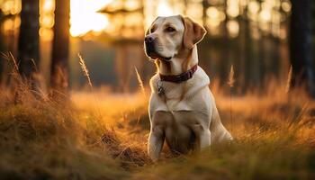 ein Gelb Labor Hund Verlegung im das Gras ai generiert foto