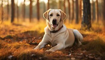 ein Hund ist Sitzung im das Gras beim Sonnenuntergang ai generiert foto