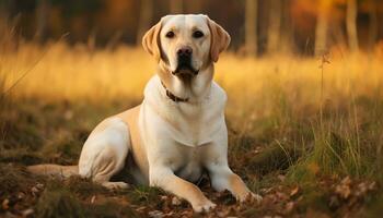 ein Hund ist Sitzung im das Gras beim Sonnenuntergang ai generiert foto