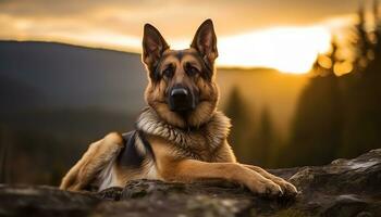 ein Hund ist Sitzung im das Gras beim Sonnenuntergang ai generiert foto