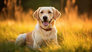 ein Gelb Labor Hund Verlegung im das Gras ai generiert foto