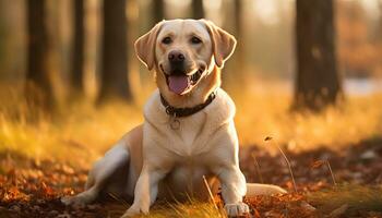 ein Gelb Labor Hund Verlegung im das Gras ai generiert foto