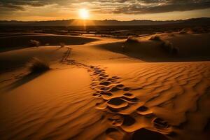Fußabdrücke im das Sand im das Wüste während Sonnenuntergang. neural Netzwerk ai generiert foto