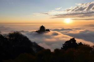Chinesisch Berge im das Nebel Sonnenaufgang. neural Netzwerk ai generiert foto