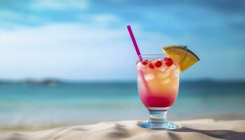 Cocktail Glas auf das sandig Strand in der Nähe von das Meer im Sommer- Zeit. generativ ai foto