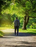 Latein Mann Gehen auf ein nett Straße, Rückseite Aussicht von ein jung Mann Gehen auf ein Straße umgeben durch Bäume foto