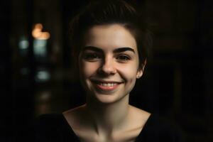 schön jung Frau lächelnd Porträt auf dunkel Hintergrund. neural Netzwerk ai generiert foto
