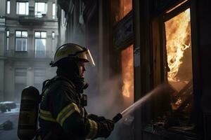 Feuerwehrleute Sprühen Wasser im Feuer Kampf Betrieb, Feuer und Rettung Ausbildung Schule regelmäßig. neural Netzwerk ai generiert foto