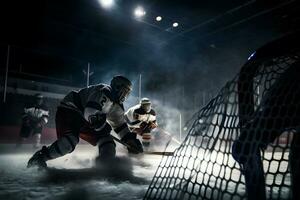 Eis Eishockey Torwart Spieler auf Tor im Aktion. neural Netzwerk ai generiert foto