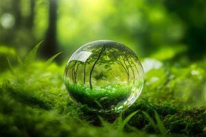Kristall Ball auf Grün Gras mit Betrachtung von Grün Vegetation innen. neural Netzwerk generiert Kunst foto