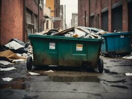 Müll Müllcontainer im das Stadt. Konzept von Umwelt Verschmutzung. KI-generiert foto