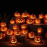 Halloween realistisch Kürbis Hintergrund mit gespenstisch Kürbis Jack Ö Laterne im ein dunkel launisch Wald ai generativ foto
