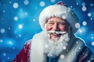 festlich Santa claus Freuden im fallen Schnee - - generativ ai foto