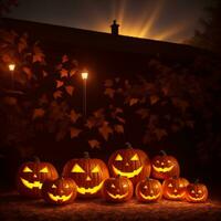 Halloween realistisch Kürbis Hintergrund mit gespenstisch Kürbis Jack Ö Laterne im ein dunkel launisch Wald ai generativ foto