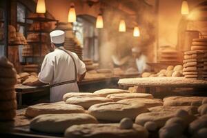 Innerhalb von ein traditionell Arabisch Bäckerei gefüllt mit Stapel von frisch gebacken brot, mit Bäcker Arbeiten im das Hintergrund. generativ ai foto