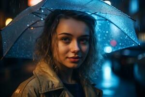 Porträt von ein Mädchen mit ein Regenschirm im das Regen. neural Netzwerk ai generiert foto