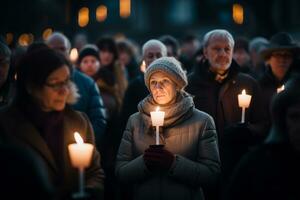 Menschen teilnehmen im ein Kerzenlicht Mahnwache zu symbolisieren Frieden, Harmonie, und das Ablehnung von Intoleranz. International Tag zum Toleranz Konzept. generativ ai foto