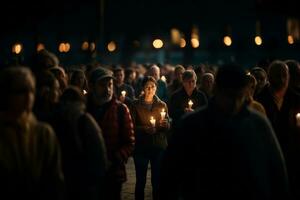 Menschen teilnehmen im ein Kerzenlicht Mahnwache zu symbolisieren Frieden, Harmonie, und das Ablehnung von Intoleranz. International Tag zum Toleranz Konzept. generativ ai foto