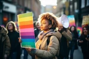 Menschen teilnehmen im ein Antidiskriminierung Kampagne, mit Visuals Das betonen fördern Toleranz und Annahme. generativ ai foto