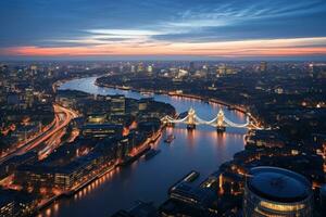 Antenne Aussicht von London beim Sonnenuntergang, England, vereinigt Königreich, Panorama- Aussicht auf London und Themse beim Dämmerung, von Turm Braut, ai generiert foto