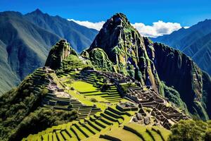 machu Picchu, Peru, Süd Amerika. das Inka Stadt von machu Picchu ist ein UNESCO Welt Erbe Grundstück, Überblick von machu Picchu, Landwirtschaft Terrassen und Wayna Picchu Gipfel im das Hintergrund, ai generiert foto