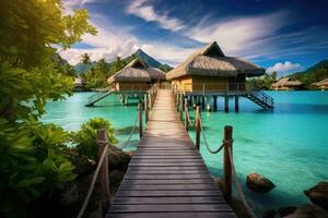 hölzern Brücke Über Türkis Wasser im tropisch Paradies Insel, Über Wasser Bungalows mit Schritte in Grün Lagune, ai generiert foto