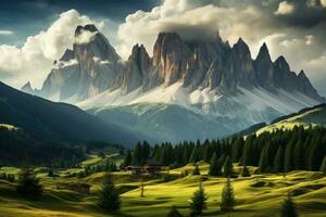 Berg Landschaft im das Dolomiten. Italien, Europa, Panorama- Aussicht von das Dolomiten. Italien, Europa, ai generiert foto