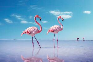 zwei Flamingos Stehen im das Wasser beim salar de uyuni, Bolivien, Gruppe Vögel von Rosa afrikanisch Flamingos Gehen um das Blau Lagune auf ein sonnig Tag, ai generiert foto