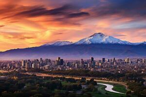 mt. Fuji und Stadtbild von Nagano beim Sonnenuntergang, Japan, Panorama von Santiago, Chile mit andenkordillere, ai generiert foto