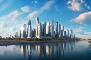 Shanghai Horizont im sonnig Tag, China. Shanghai ist das Hauptstadt von China, Panorama- Aussicht von Moskau Stadt und Moskau Fluss. International Geschäft Center im das Tageszeit, ai generiert foto