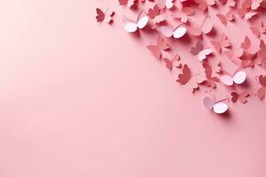 Papier Schmetterlinge auf Rosa Hintergrund mit Kopieren Raum. Valentinsgrüße Tag Konzept, Papier Rosa Herzen fliegen auf Sanft Rosa Farbe Hintergrund, Grenze, Kopieren Raum, ai generiert foto