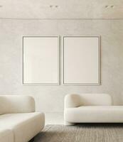 Boho Beige Wohnzimmer mit 2 Weiß Sofa und zwei Bild Rahmen Hintergrund. Licht modern japanisch Natur Sicht. 3d Wiedergabe. hoch Qualität 3d Illustration foto