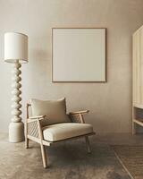 Boho Beige Wohnzimmer mit Sessel und Lampe Hintergrund. Licht modern japanisch Natur Innere. 3d Wiedergabe. hoch Qualität 3d Illustration foto