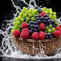 Korb voll von Früchte Beeren und Grün Trauben explodieren mit enorm Partikel planschen auf das Luft ai generativ foto