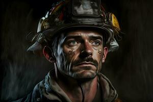 Porträt von Feuerwehrmann schmutzig Gesicht im Besondere Helm und Feuerwehrleute Uniform. neural Netzwerk generiert Kunst foto