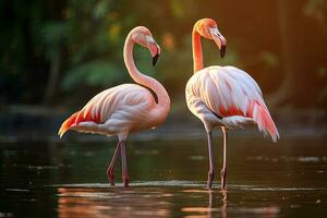zwei Flamingos im das Wasser beim Sonnenuntergang, Nahaufnahme, größer Flamingo phoenicopterus Roseus, ai generiert foto