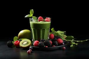 gesund Grün Smoothie mit frisch Früchte und Beeren auf schwarz Hintergrund, Grün Smoothie mit Früchte und Beeren auf schwarz Hintergrund. gesund Essen Konzept, ai generiert foto