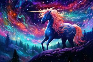 Einhorn im das Nacht sternenklar Himmel. Fantasie Illustration, Pointillismus Raum Einhorn majestätisch bunt Sterne magisch Fantasie, ai generiert foto