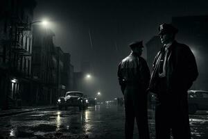 zwei Polizei Offiziere Stehen auf das Straße im ein nebelig Nacht, Polizisten Stehen auf das Straße Ecke mit Blick auf ein Verbrechen Szene, Polizisten im das groß Stadt, noir Roman oder Film Stil, ai generiert foto